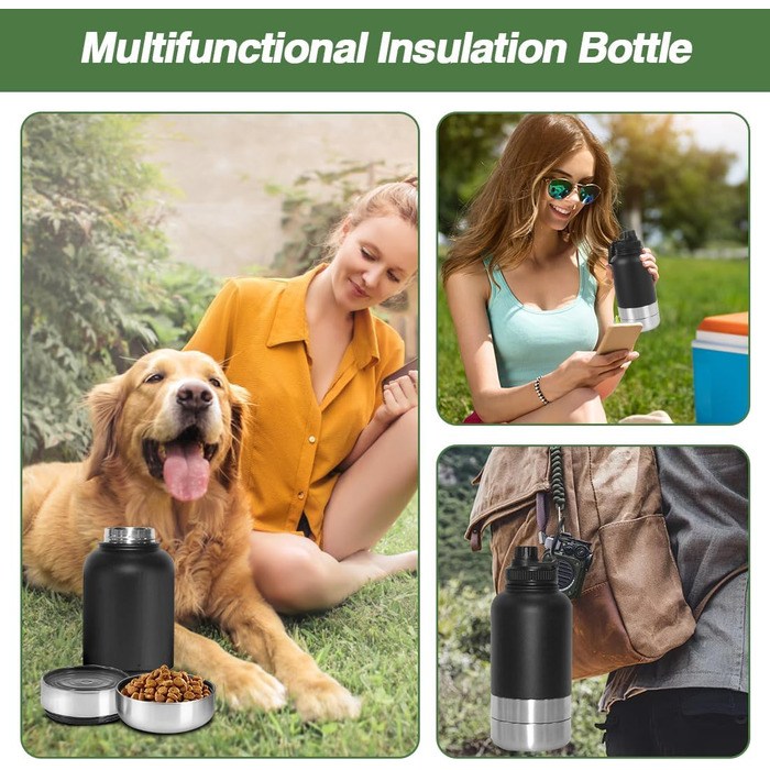 Водяна пляшка для собак на прогулянці, 950 мл, з мискою, ізольована, нержавіюча сталь, для подорожей та активного відпочинку