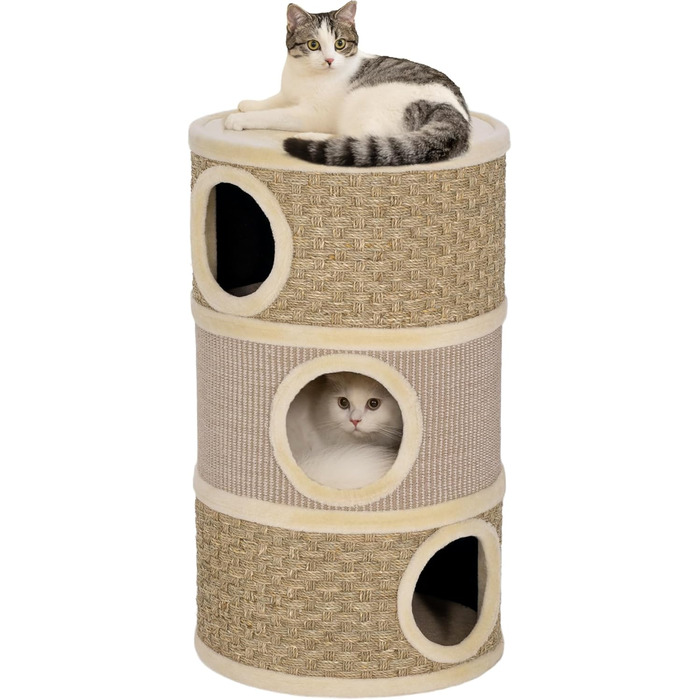 Кігтеточка PawHut для котів, 79 см, 3 яруси, з сизалевим мотузком, плюшева котяча печера, кігтешкребок для великих котів, бежево-коричневий, 45L x 45B x 79H см, з внутрішнім отвором