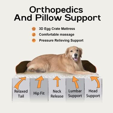 Ортопедичне собаче ліжко великих порід, XL, коричневе. Знімна подушка для шиї, водонепроникний чохол, антиковзаюча підкладка.