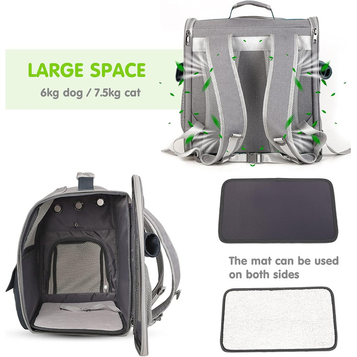 Рюкзак для тварин PETCUTE: переноска для собак та котів, з виймальною підстилкою та ременем безпеки, зелений (блакитний)
