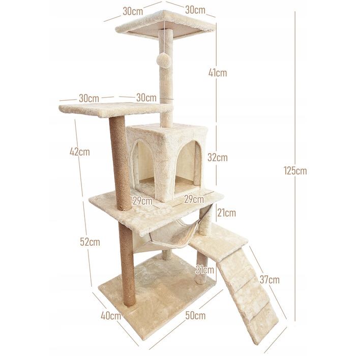 Високий ігровий комплекс для котів Mersjo: дряпалка, будиночок та лежанка, 6 рівнів, 125 см