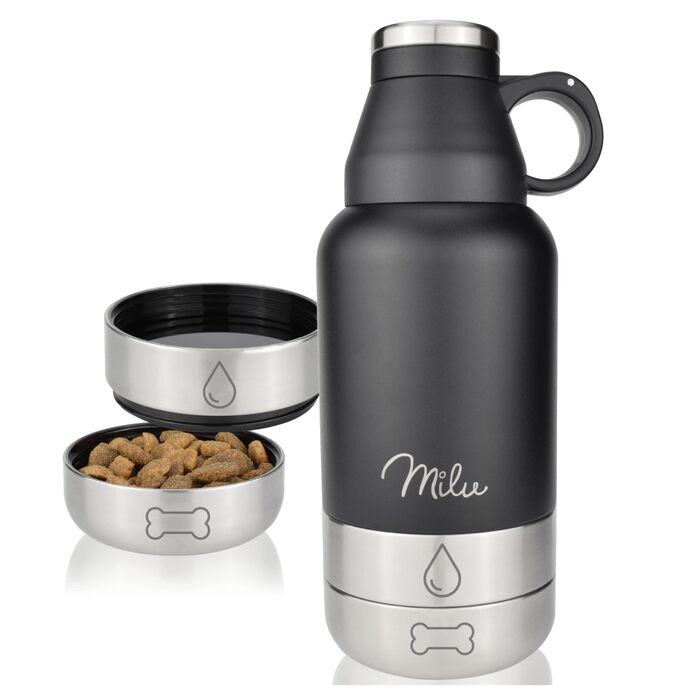 Водяна пляшка для собак Milu 950 мл з мискою для корму - ізольована сталева пляшка для собак, чорна