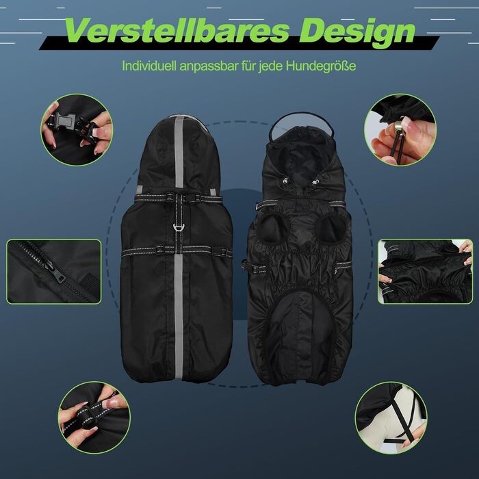 Водонепроникна куртка для собак OUOBOB з відбиваючими смугами, нагрудник H-подібної форми (D-кільце) та знімний капюшон з візором, ідеально підходить для середніх/великих собак [Неоновий зелений, розмір] Зелений (3XL, Чорний)