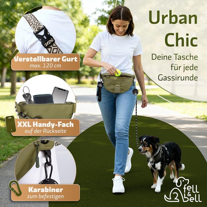 Сумка для ласощів для собак fell&bell - водонепроникна, з 2 відділеннями для снеків, 1,8 л основного відділення, кишеня для телефону та диспенсер для відходів | Сумка для годування собак, тренувань та цуценят (Оливковий)