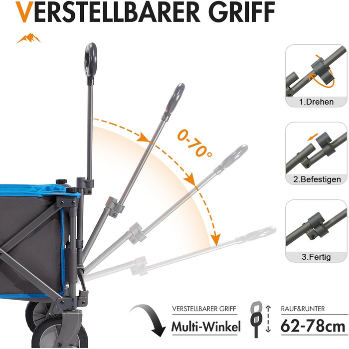 Складаний візок-тележка PORTAL знімний тканний дах, 100 кг, для кемпінгу, саду, пляжу, покупок, блакитний