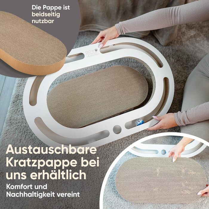 PAWZONE Драбина-крізь-стіну для котів, 72x45 см, двостороння, знімні елементи, іграшки, XXL картон, MDF, біла