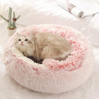 Килимок для кота, песика, гніздо-печери, круглий, м'який плюш, з капюшоном, пончик, теплий лежак для домашніх тварин, самопідігріваючий, 60 x 60 см (Рожевий)