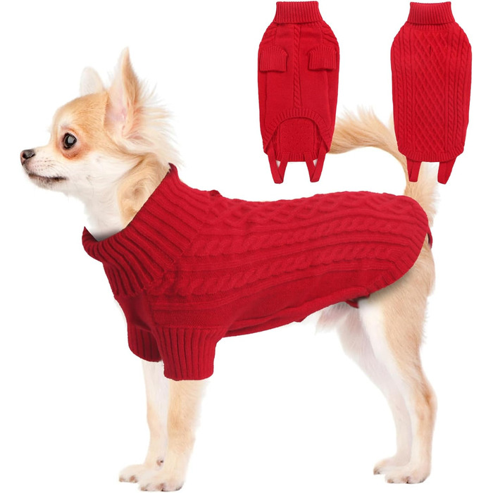 Теплий святковий светр для собак - червоний, з отвором для повідка, для чихуахуа, рейнхаунд та котів (S, груди 40 см, спина 28 см)
