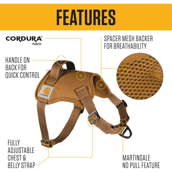 Нейлонова шлея для собак Carhartt, регульована, зручна ручка, відбиваючі елементи, коричнева, розмір M