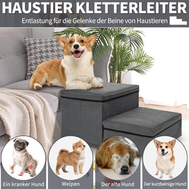 Сходинка для тварин OUUTMEE на 2 сходинки, складана, з місцем для зберігання, сірого кольору. Підходить для собак, котів, літніх тварин. Максимальне навантаження: 30 кг.
