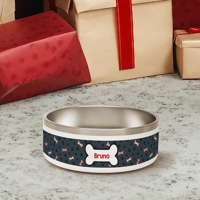 Набір для годування собак PICANOVA з іменем: миска та контейнер для ласощів у різдвяному дизайні. Керамічний набір для собак як подарунок для власників домашніх тварин. Дизайн Candy Bones.