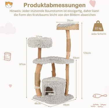 Дерев'яний кігтеточка для котів COSTWAY 124 см з будиночком, м'яким сидінням та платформою, кігтеточний стовпчик з джуту, кігтеточка-вежа для котів, масивне дерево, сірий колір, 3 стовпчики