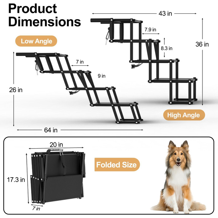 Рампа для собак у машину: широка, складана, з антиковзким покриттям. Підходить для великих собак, SUV, позашляховиків, вантажівок. Чорний колір