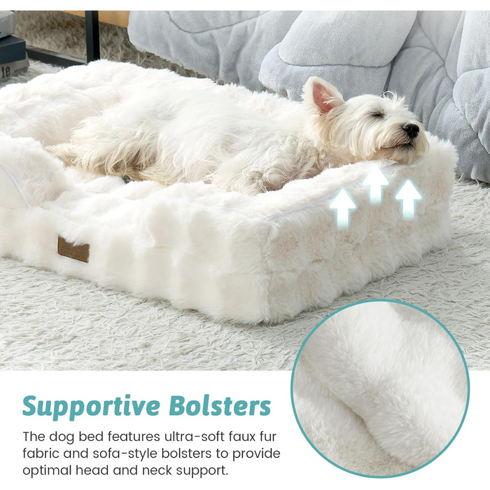 Ортопедичне ліжко для собак з штучного хутра, великі породи, диван з підтримуючим пінополіуретаном та водонепроникним чохлом, неслизьке, м'яке, тепле, пральне, С-подібне (Бежевий, L)