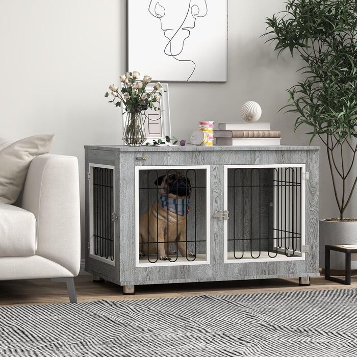 Клітка для собак PawHut з подушкою, подвійні двері, 90x58x65 см, сіра, для середніх порід