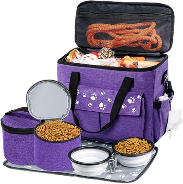 CLAWIST Сумка для собак, переноска для подорожей, XL, фіолетова. З контейнерами для корму та мисками. Відповідає вимогам авіакомпаній