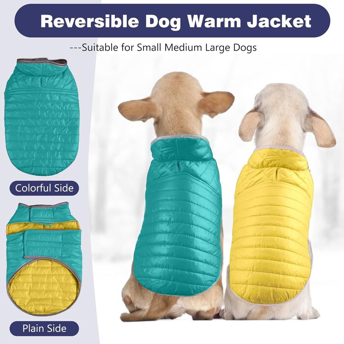 PETCUTE Зворотна куртка для собак, зимова, водонепроникна, для цуценят, з отвором для повідка, L, блакитний+жовтий