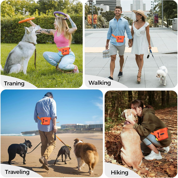 Сумка для ласощів для собак з металевим кліпом на пояс, міцна застібка-магніт, велика місткість, диспенсер для пакетів для вигулу (Помаранчевий)