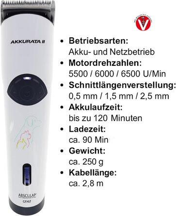 Машинка для стрижки собак Rotschopf24 Aesculap Akkurata 2 GT407. Безшумна, легка, акумулятор/мережа, 3 швидкості, титановий ніж, сумка Rotschopf24. Зроблено в Німеччині