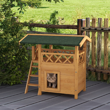 PawHut Cat House 2-поверховий з асфальтовим дахом і балконом, вілла для кішок з масиву дерева зі сходами, натуральна, 77x50x73см| Аосом