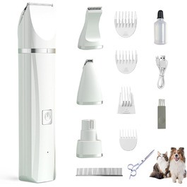 Машина для стрижки собак та котів 4 в 1 з 4 насадками: стрижка, триммінг, шліфування кігтів, видалення посічених кінчиків. Водонепроникна, для догляду за лапами, обличчям, тілом. Зелений/Білий колір