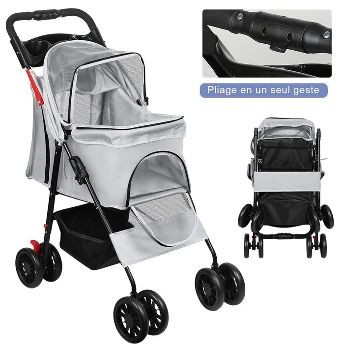 Дитяча коляска для собак та котів Homewell, складана, до 20 кг, з сумкою та підсклянником (сіра)