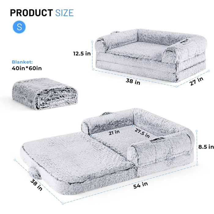 Крісло-ліжко для собак, 2-в-1, сіре, велике (71x43x10 см) та для дітей (54x38x8.5 см), з підтримуючою матрацом з піною з ефектом пам'яті, водонепроникне