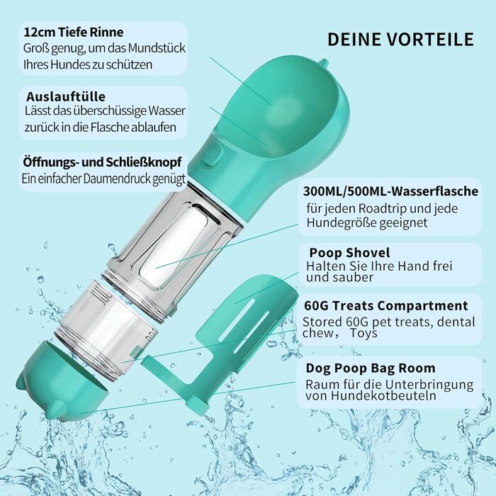 Водяна пляшка для собак Fantasybear 3-в-1 з контейнером для їжі, 300 мл, блакитна. Без BPA. Підходить для великих та маленьких собак та котів. Для прогулянок, подорожей та активного відпочинку.