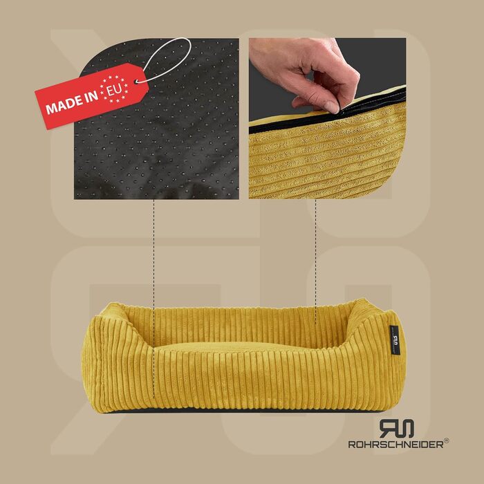 Ляжка для собак | для маленьких собак | з подушкою Cord | знімний чохол | з мискою для корму (55 x 42 см, гірчичний)