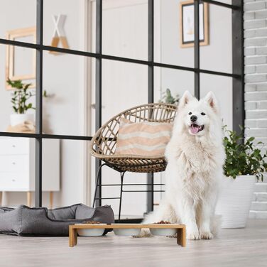 Станція для годування собак Relaxdays, 3 миски по 400 мл, бамбук і кераміка, підставка для мисок, натуральний/білий, можна мити в посудомийці