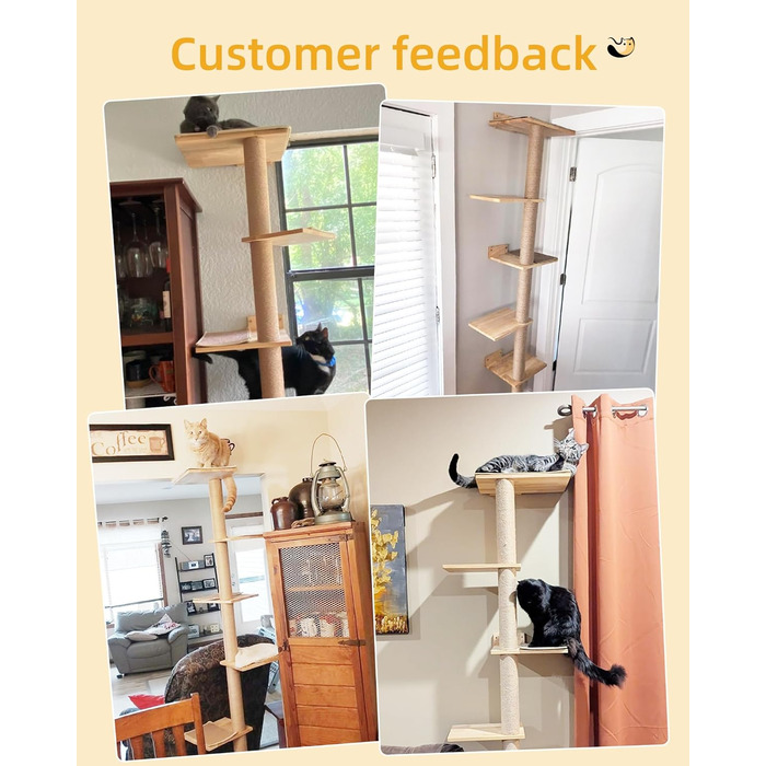 Багатоярусна кігтеточка-стінка для котів з 5 сходами, 5-ярусні полиці для відпочинку та ігри, з міцними кігтеточковими стовпчиками, з антиковзними килимками, для великих котів