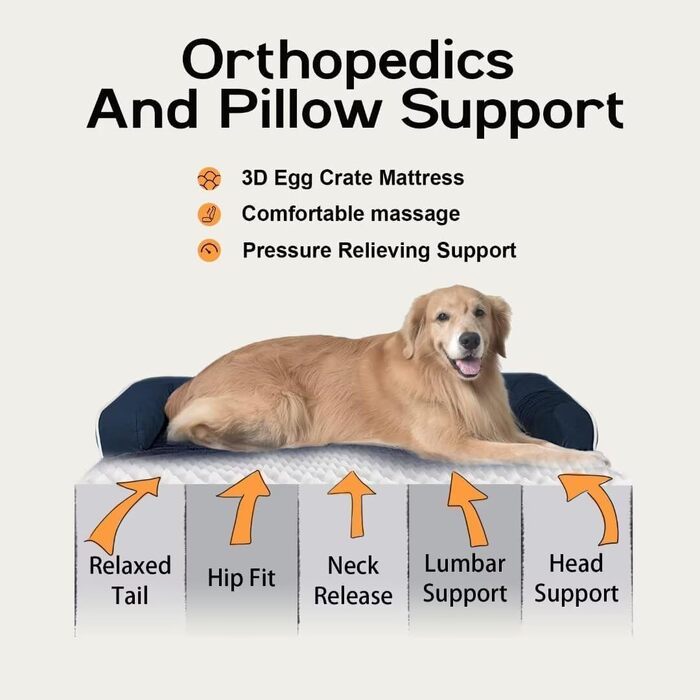 Велике ортопедичне собаче ліжко з водонепроникним покриттям – знімний чохол, Memory Foam – підтримка шиї, диван-ліжко для великих собак – XXL, блакитний колір, 114 x 89 x 20 см