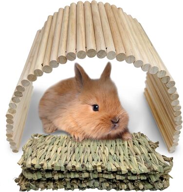 Дерев'яна драбина для кроликів та шиншил з 3 трав'яними килимками Hamiledyi, іграшка для гризунів, тунель/притулок/рампа, роздільник, килимки для кроликів, 26.4x7.9+3 шт.