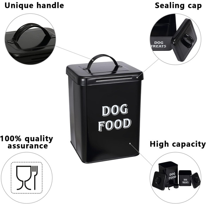 Контейнер для корму Morezi (2 шт.): сталь, з кришкою, ложка. Підходить для корму собак, котів та інших тварин. Білий/Чорний