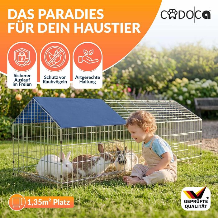 Вольєр для кроликів CADOCA® 180x75x75 см з дахом та захистом від сонця, для саду та дрібних тварин (синій)
