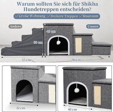 Складні сходи для собак і котів XL, 3 ступені, 90×35×43 см, ширші сходинки, для ліжка та дивана, з відсіком для зберігання, для великих та літніх тварин