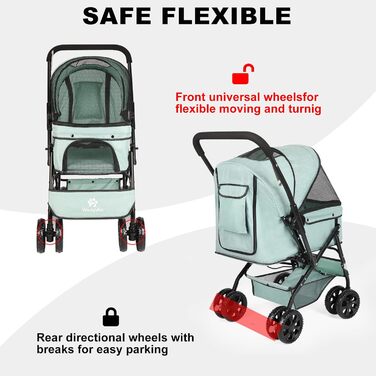 Візок для собак Wedyvko до 20 кг, 4 колеса, складний, для маленьких та середніх собак/кішок, з кошиком для зберігання та тримачем для напоїв, зелений