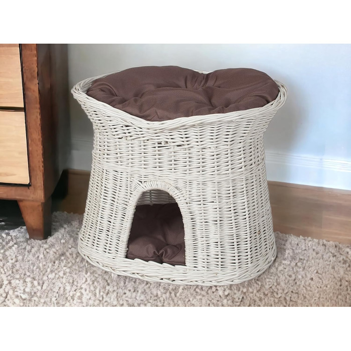 Корзина для котів, лежанка для котів, будиночок для котів L, 60 см, овальна, з плетеної лози, двоярусна, коричнева, знімні подушки