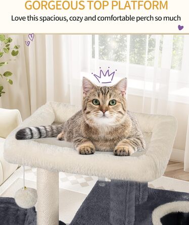 Дерево для котів Hzuaneri, 98 см, зі стійкою конструкцією, великою лежанкою, котячою печерою, сизалевими стовпчиками, кошиком та іграшками, сірий колір MS10018SG