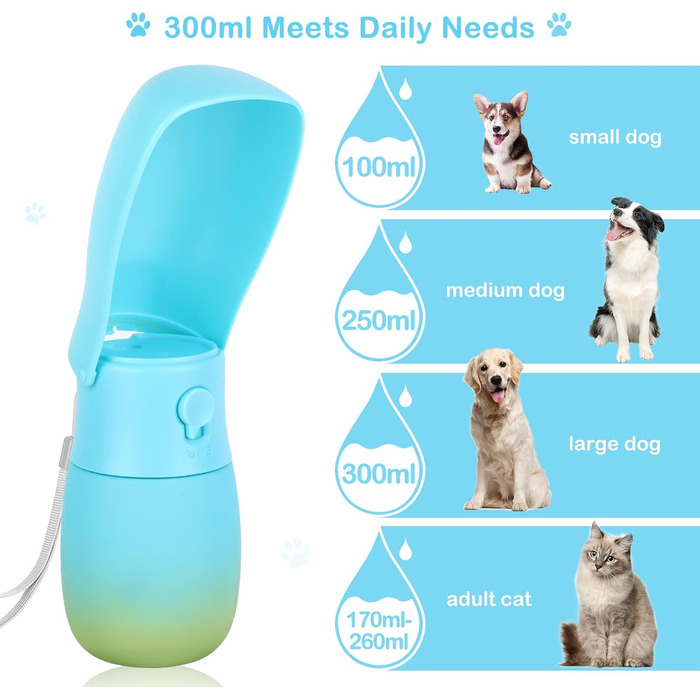 Поїлка для тварин JOPHEK 300мл: складана пляшка для собак та котів з фільтром, противитікаюча, блакитно-зелена