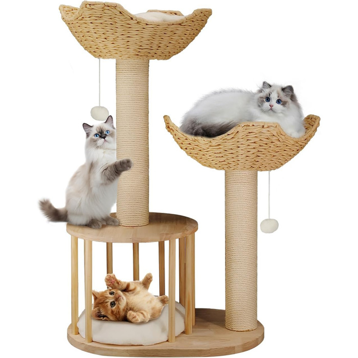 Дерев'яний кігтеточка для котів BingoPaw: сучасний комплекс 99 см з будиночком, м'ячиком та сизалевою колоною. Підходить для котів будь-якого віку.