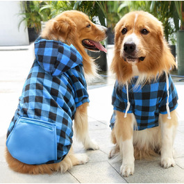 Теплий зимовий пуловер для собак з капюшоном, в клітинку, з кишенею на блискавці, розміри S-5XL, чорно-синій, бавовна