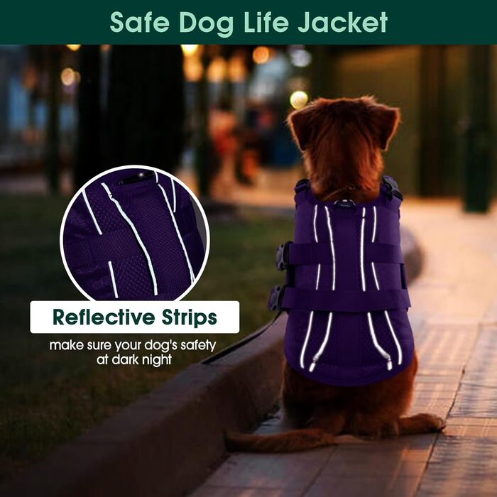 Світшот для собак Kuoser: рятувальний жилет для малих, середніх та великих собак, регульований, з Ripstop, з ручкою для рятування, висока плавучість, для цуценят, пляжний купальник (XL, фіолетовий)