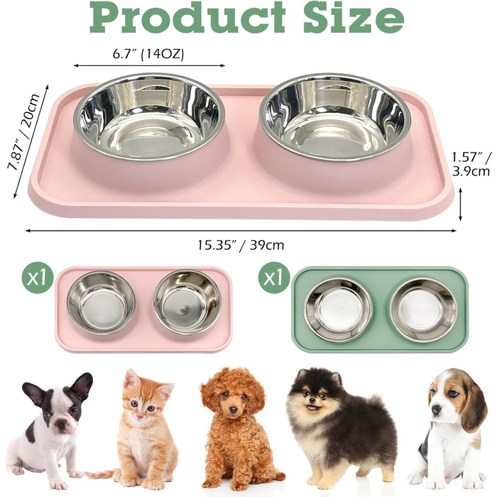 Набір мисок для собак BNOSDM: 2 шт. (рожевий + зелений), нержавіюча сталь, з антиковзною підкладкою, для корму та води, підходить для цуценят та котів