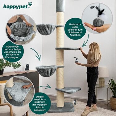 Котячий дряпак HAPPYPET Leonardo XXL для великих котів, 250-275 см, стійкий, товсті стовпи 18 см, лежанки до 20 кг, дімка, натуральне дерево, для мейн-кунів і рагдолів