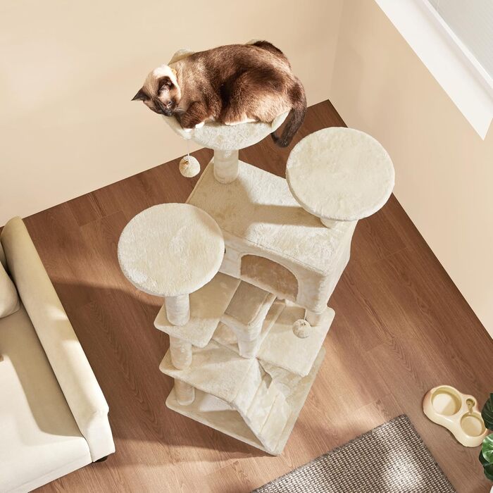 Кігтеточка велика Yaheetech 158 см, Кліматичний комплекс для котів з 3 платформами, 3 стовпчиками для шліфування, 2 будиночками, іграшками, бежевий, 49 x 49 x 158 см