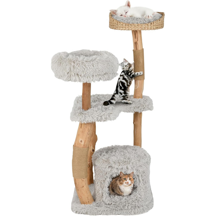 Дерев'яний кігтеточка для котів COSTWAY 124 см з будиночком, м'яким сидінням та платформою, кігтеточний стовпчик з джуту, кігтеточка-вежа для котів, масивне дерево, сірий колір, 3 стовпчики