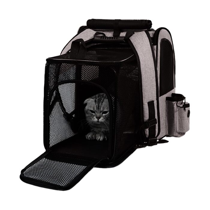 Розширюваний рюкзак для котів | Транспортна сумка для котів – переноска для домашніх тварин, розтягувана, дихаюча, складна, для подорожей, піших прогулянок, транспортування сірого кольору (з чорною основою)