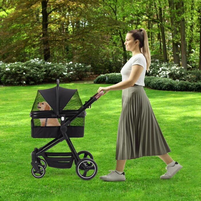 Складаний візок для собак та візок-буги для тварин до 15 кг, одноярусний, з повідцями безпеки, сітковими вікнами та місцем для зберігання, ідеальний для подорожей та прогулянок, чорний