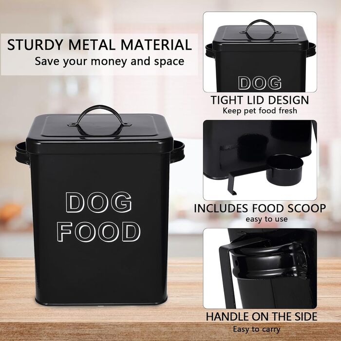 Контейнер для корму для собак, 5л, з кришкою та мірною ложкою, герметичний, білий, для сухого корму, снеків, для дому (441-Dog-Black)